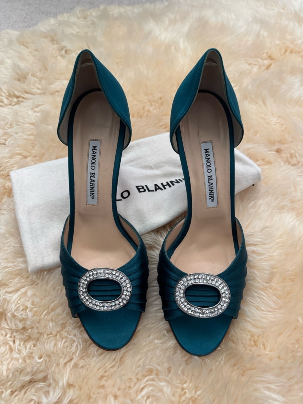 Manolo Blahnik Teal Satin D'Orsay Heels with Crystal Oval Buckle